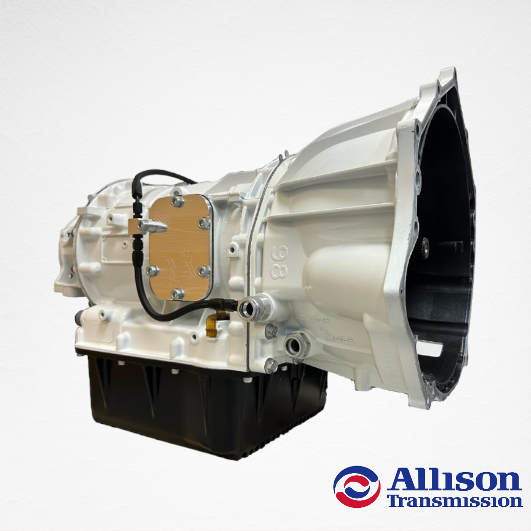 A white Allison transmission model 3456 from the Freedom Series, showing the torque converter and pressure plates, designed for 900HP performance.